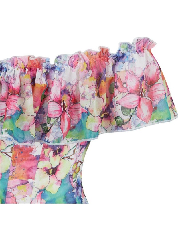 Floral Print Sexy Corset Shirt ff Shoulder Ruffles Sleeves Overbust Corset Top WK1903a