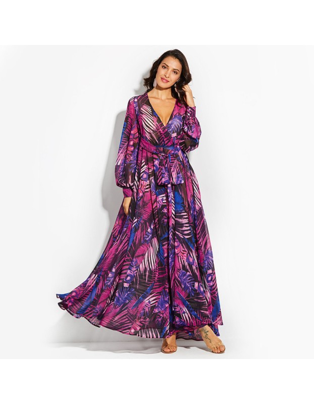 Summer long sleeve V-neck green leaf print maxi dress M8389