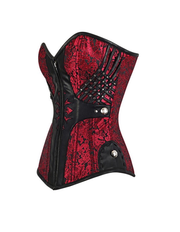12 Steel Boned Black Red Steampunk Corset Zip Patchwork M1412
