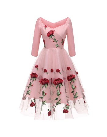 Rose Embroidery Dinner Party Lady Evening Net Yarn Dress Wedding Sexy CD1657