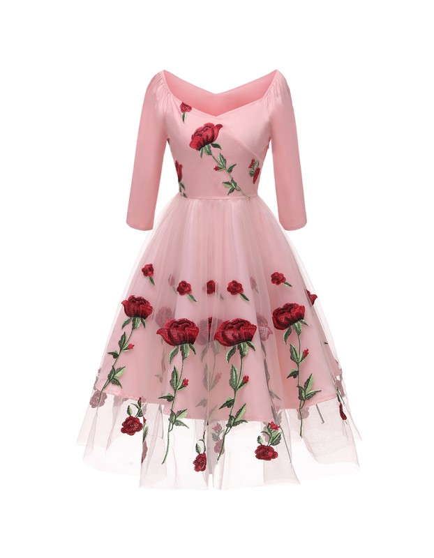 Rose Embroidery Dinner Party Lady Evening Net Yarn Dress Wedding Sexy CD1657