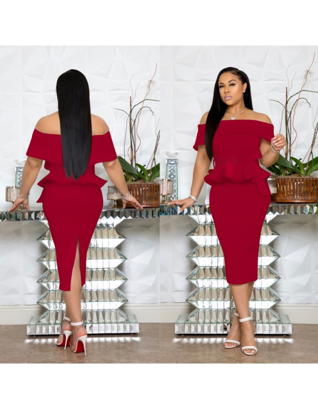 Sexy off shoulder ruffle women office dress M8402
