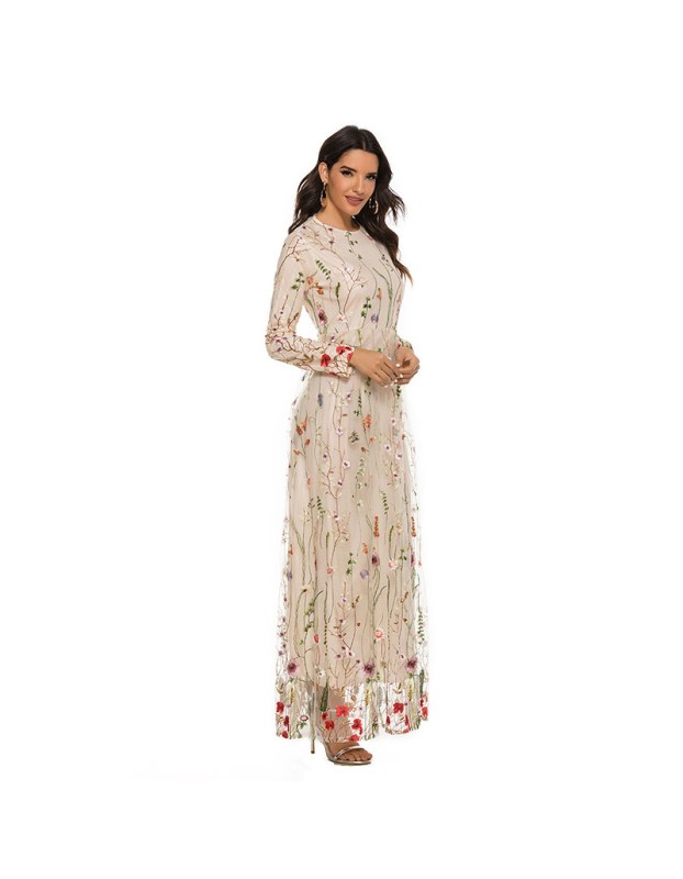 Lace Embroidery Ladies Partyl Dubai Sweet Flower Mesh Dress Women 21002