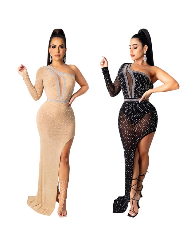Rhinestone Mesh Women Evening Elegant Single Cuff Sexy Night Dresses X5028