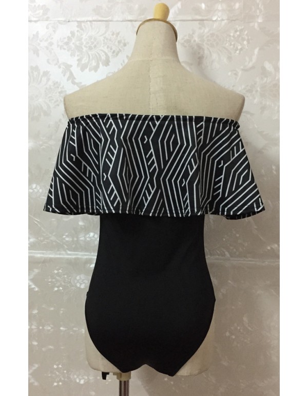 Women's Geometric Off-Shoulder Ruffle Print One-Piece Swimsuit m17023