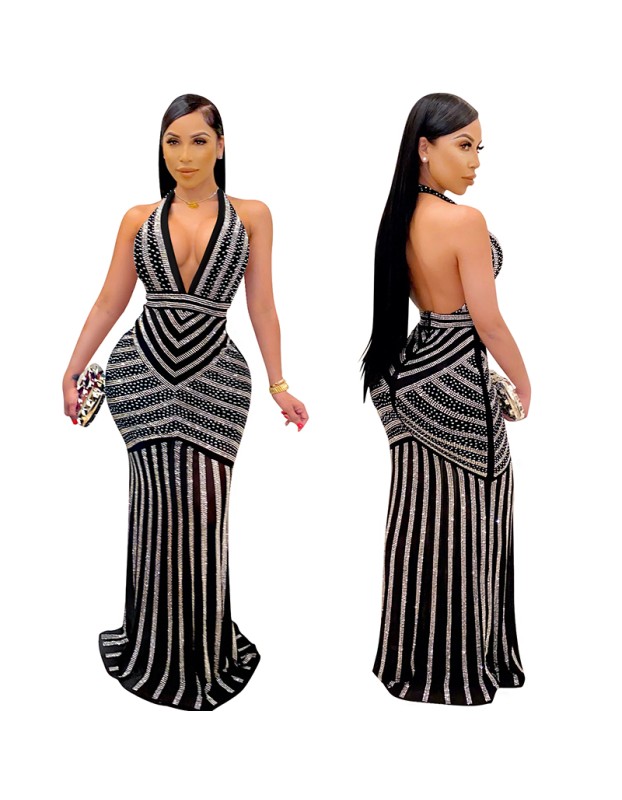 Sexy Deep V Backless Sequin Evening Ironed Drill See Through Long Party Dress X3816