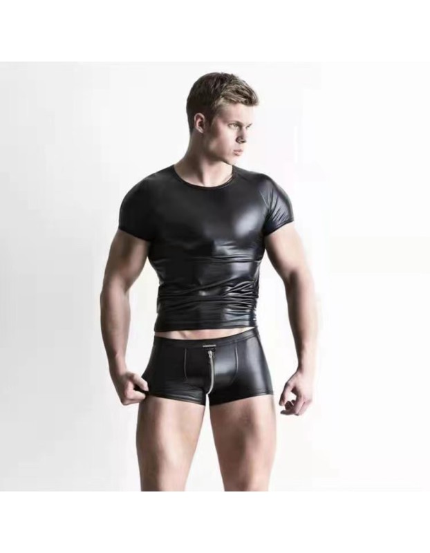 Men Sexy Club Leather T-shirt Tights Zipper Open Crotch Pant N806