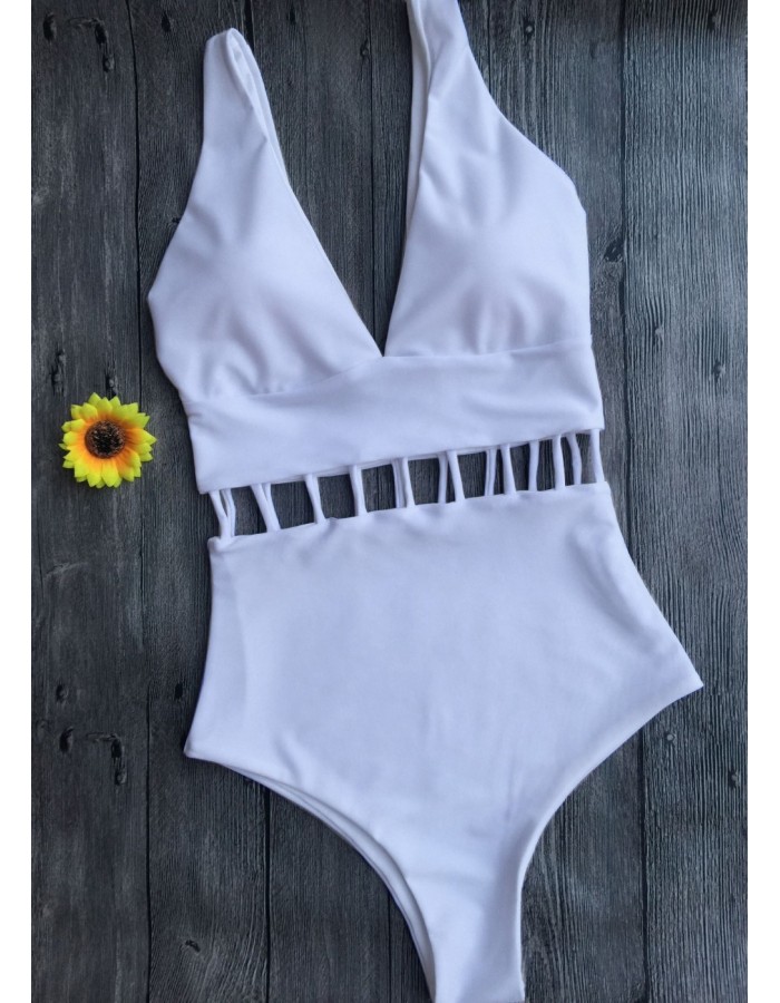 Deep V Neck Sexy Black White Women Hollow Out One Pieces Swimsuit XM1001