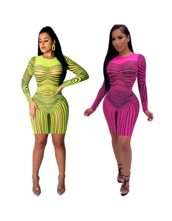 Long Sleeve Striped Mesh Sexy Bodycon Dresses M8366