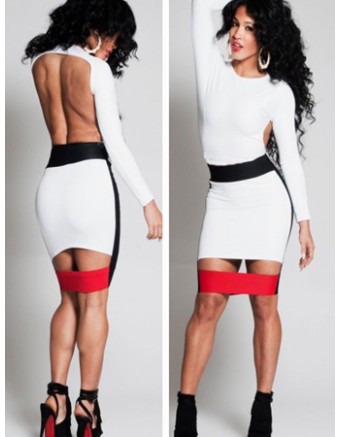 White Hollow Out Backless Long Sleeves Wholesale Bandage Bodycon Midi Dress M3837
