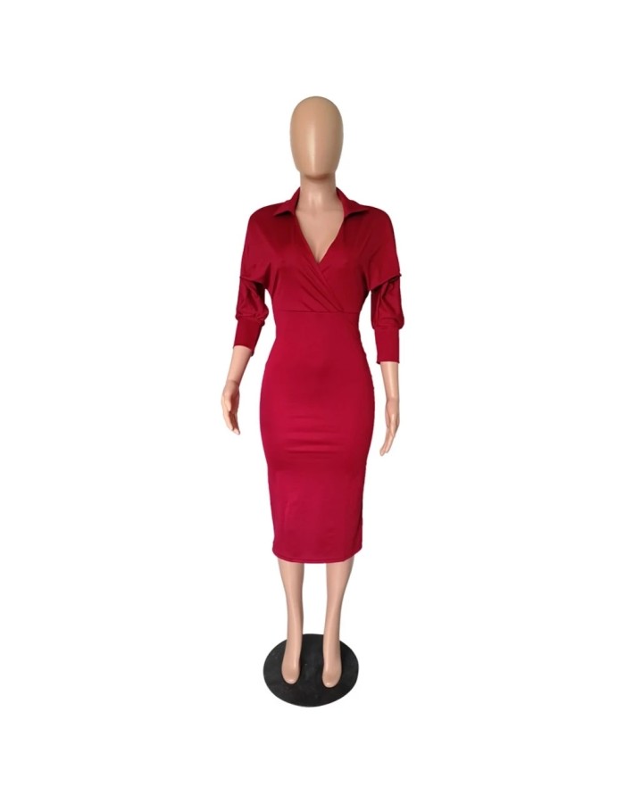 Elegant V Neck Batwing Sleeve Knee Length Bodycon Dress m8385
