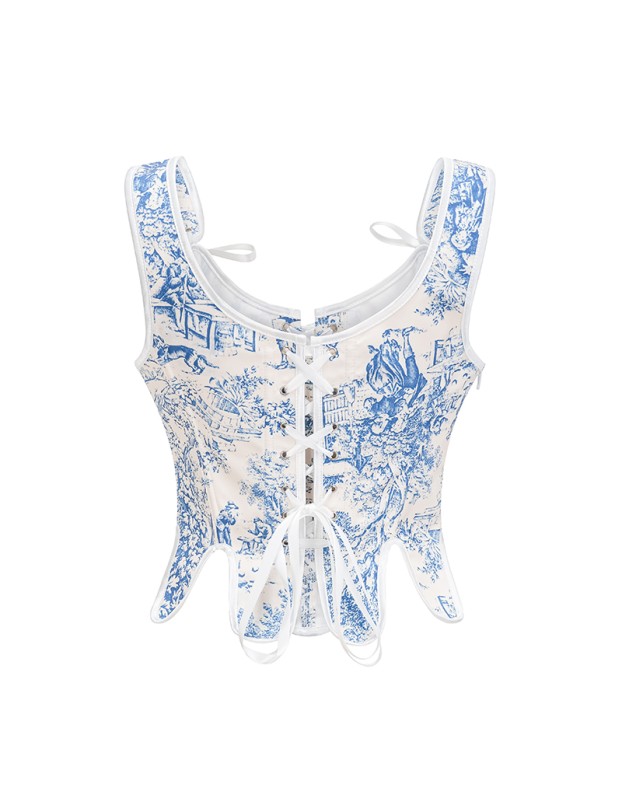 Retro Porcelain After Lacing Corset Fishbone Vest Crop Spice Girl Corset Top AM22097