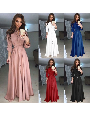 Summer Autumn Turn-Down Collar Button Long Sleeve Shirt Dress M8430