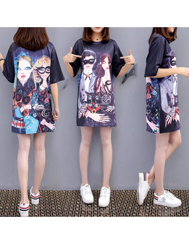 Casual Loose Cartoon Printed T Shirt Dress M8369