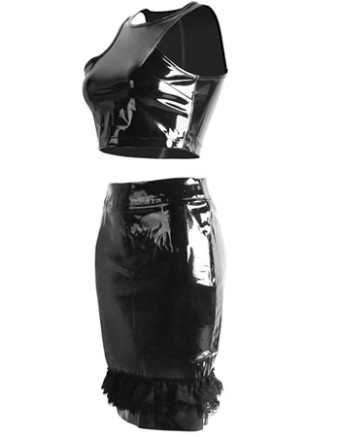 Women Sexy Black Leather Two Pcs Dress M7272