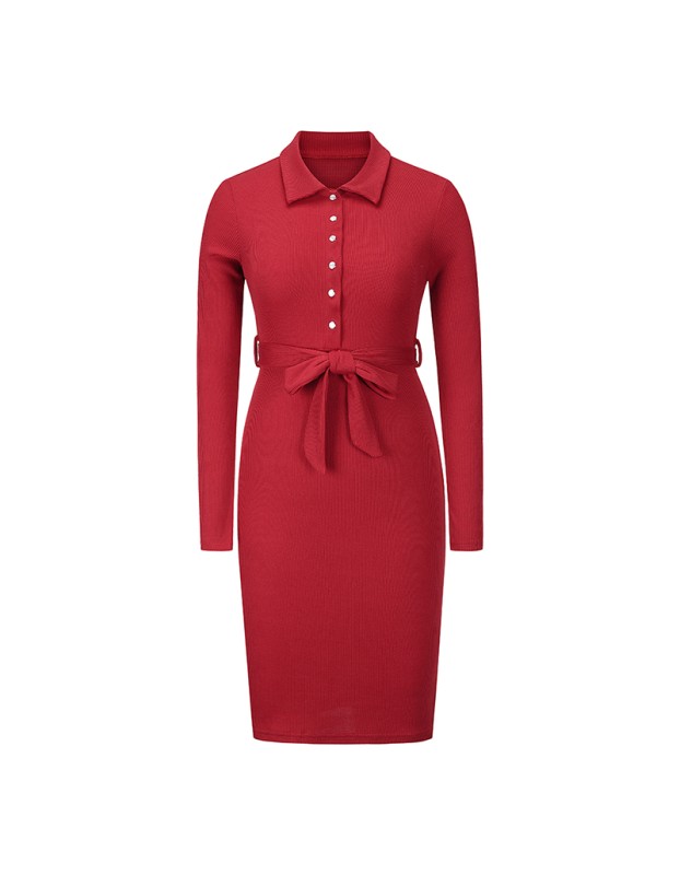 Solid Color Hedging Midi Elegant Casual Ladies Single Breasted Dress LQ170