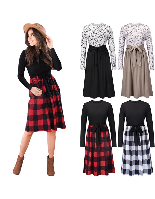 Leopard Print Plaid Long Stitching Body Lace Up Ladies Evening Jersey Dress LQ169