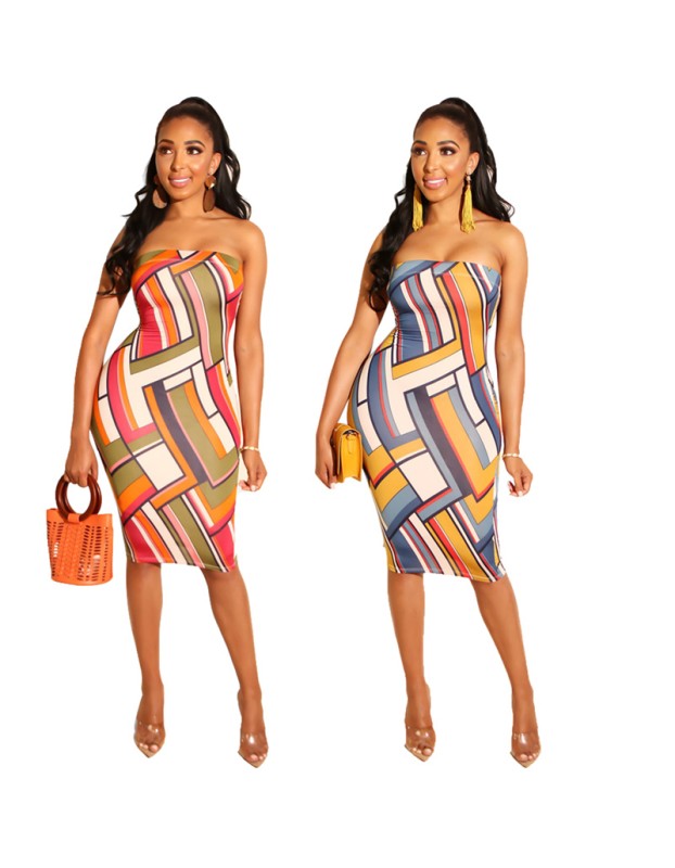 Sexy Off Shoulder Geometric Print Bodycon Dress m8367
