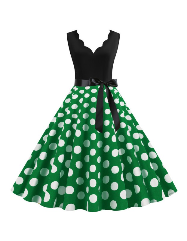 Burnt Polka Print Dot Office Wear Sleeveless V-neck White Dress JY14721