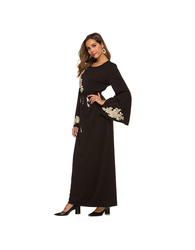 New Style Elegant Embroidered Beaded Trumpet Sleeve Lace Up Dress 1921