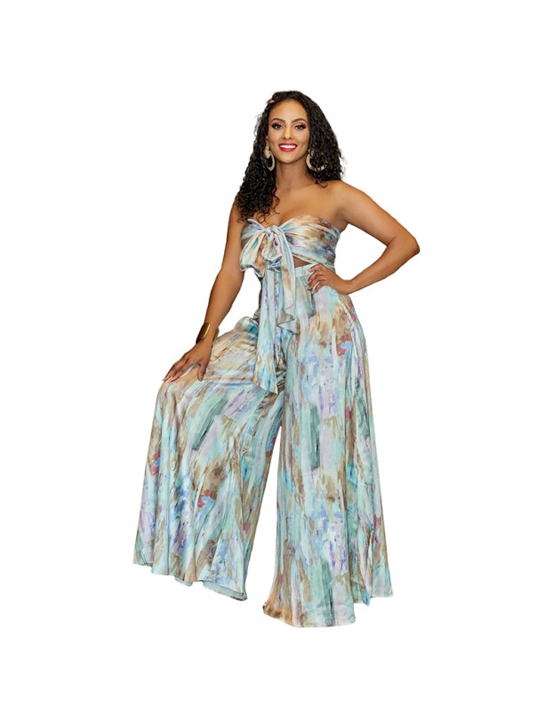 Sexy Women Print Strapless Midriff Two Piece Wide Leg Pants Set 9426