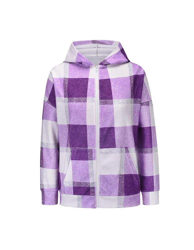 Checked Woolen Cloth Flannel Shirt Zipper Hooded Cardigan Women Coats LQ168