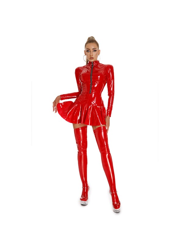 Long Sleeve Shiny Patent Leather Stage Nightclub One Piece Sexy Tight Leather Dress XX6391