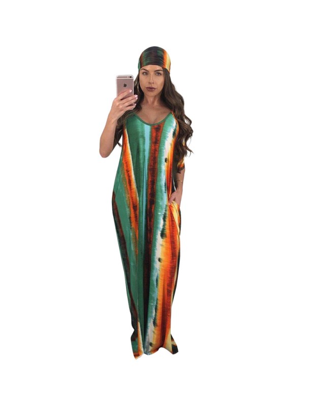 Women v neck spaghetti strap loose beach casual long maxi dress M9034
