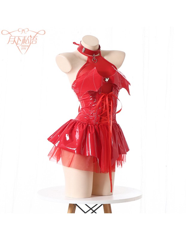 Women Imp Bat Patent Leather Witch Dress Costume Daemon Uniform Cosplay FSM096