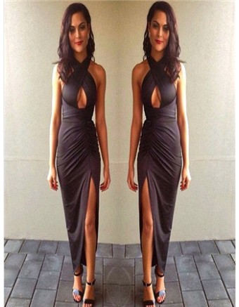 Sexy Black Front Keyhole Crossover Neck Maxi Dress M30033b