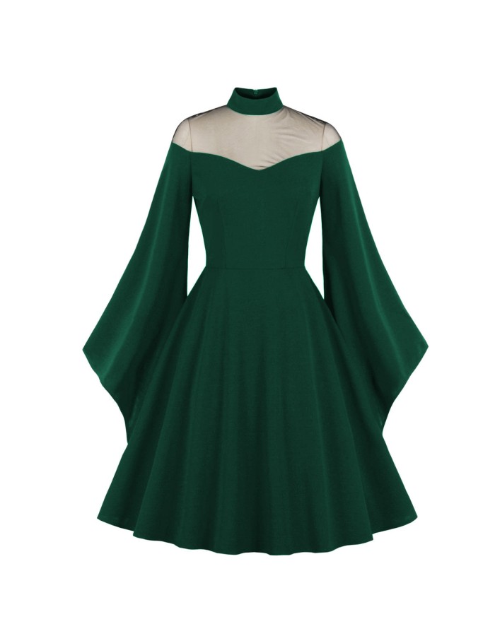 Women Fashion Elegant Mesh Patchwork Flare Sleeve Party Dress M3067