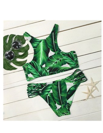 Sexy Solid Green Print  vest style swimwear 17079