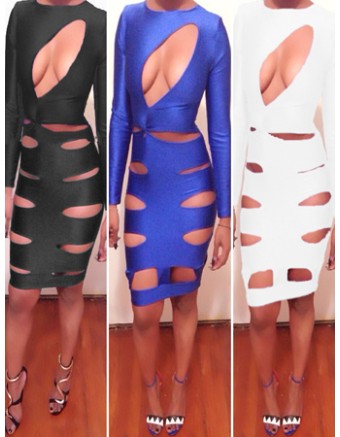 Three Colors Hollow Out Midi Bandage Bodycon Dress M3805