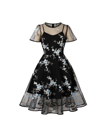 Mesh Patchwork Flying Sleeve Style Swing Mid Length Vintage Dress 5061