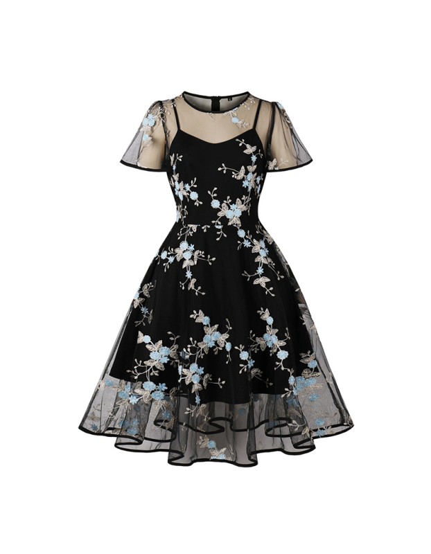 Mesh Patchwork Flying Sleeve Style Swing Mid Length Vintage Dress 5061