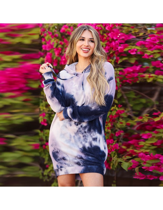 Mid-Length Pullover O-Neck Casual Tie Dye Printed Sweater Hoodie Dress LQ155
