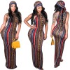 High Stretch Sexy Striped Bodycon Dress With Head Scarf M8288