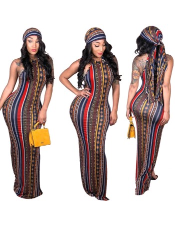 High Stretch Sexy Striped Bodycon Dress With Head Scarf M8288
