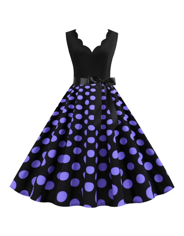 Burnt Polka Print Dot Office Wear Sleeveless V-neck White Dress JY14721