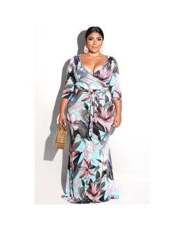 5XL 6XL Lady Elegant Sexy V Neck Floral Print Bandage Long Maxi Dress M9026