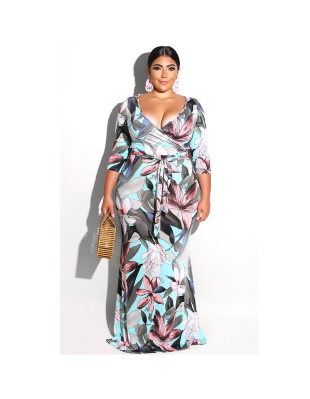 5XL 6XL Lady Elegant Sexy V Neck Floral Print Bandage Long Maxi Dress M9026