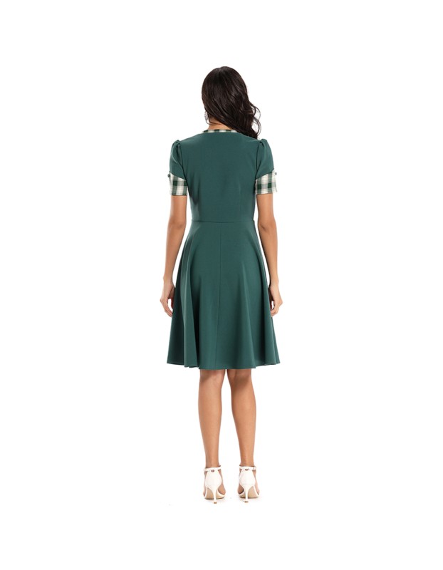 Color Contrast Dark Green Tuck Your Waist And Look Thin Dress Lady CD1769
