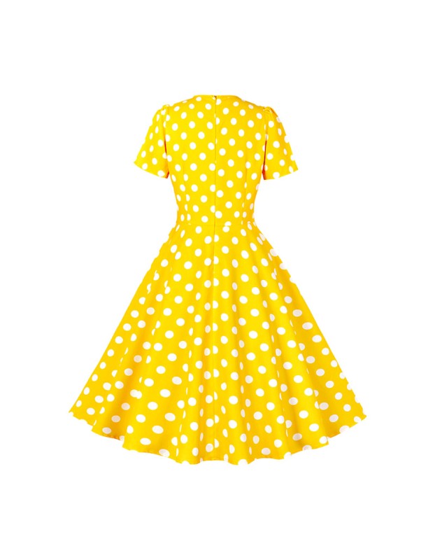 Hepburn Style Round Neck Bow Lace Up Polka Dot Retro Swing Dress Woman 5157