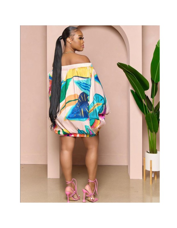 Women's Clothing  Line Shoulder Lantern Sleeve Printed Dress YM8623