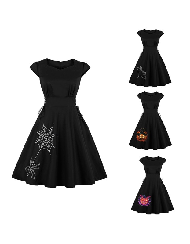 2023 Hepburn Style Embroidery Halloween Big Swing Crew-neck Vintage Dress 1986