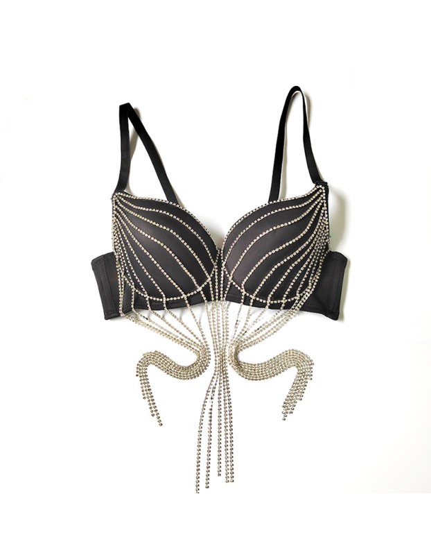 Rhinestone Suspender Tassel Vest Scrub Top Nightclub Stage Style Bra KN8373