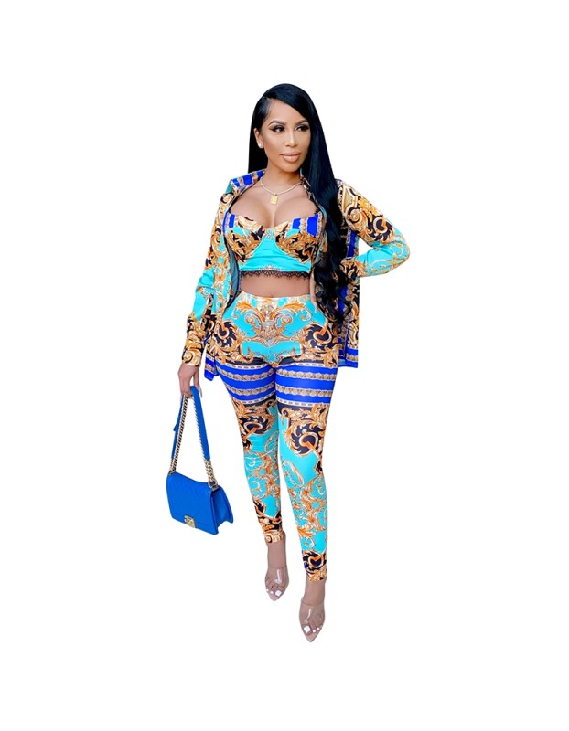 Milk Silk Women Sets Digital Printed Coat Vest Trousers Casual Suit X3690
