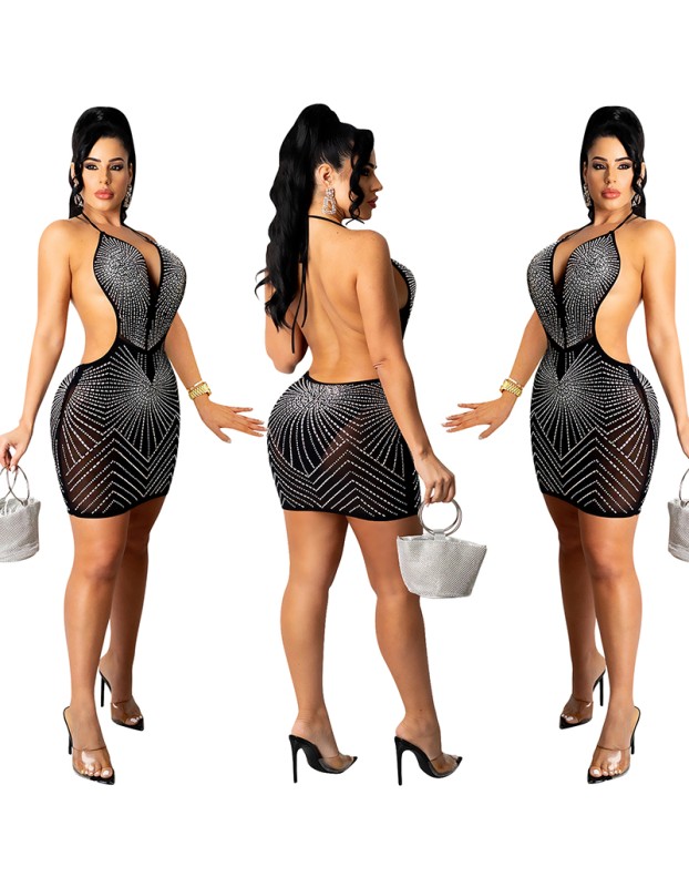 Rhinestone Shiny Skirt Dinner Gown Backless Sexy Mesh Night Dress X5251