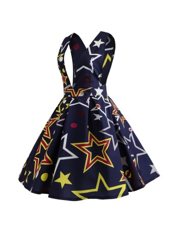 V Neck Print Backless Sexy Short Dress M30341