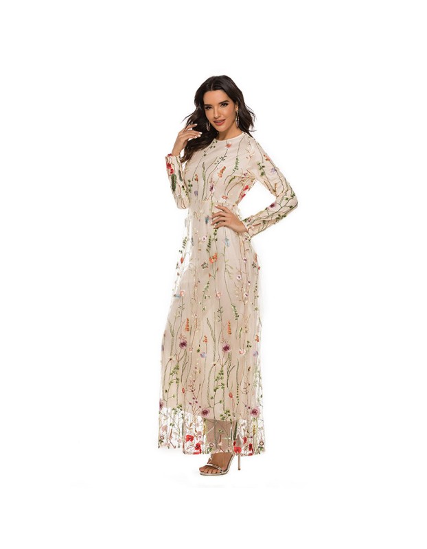 Lace Embroidery Ladies Partyl Dubai Sweet Flower Mesh Dress Women 21002